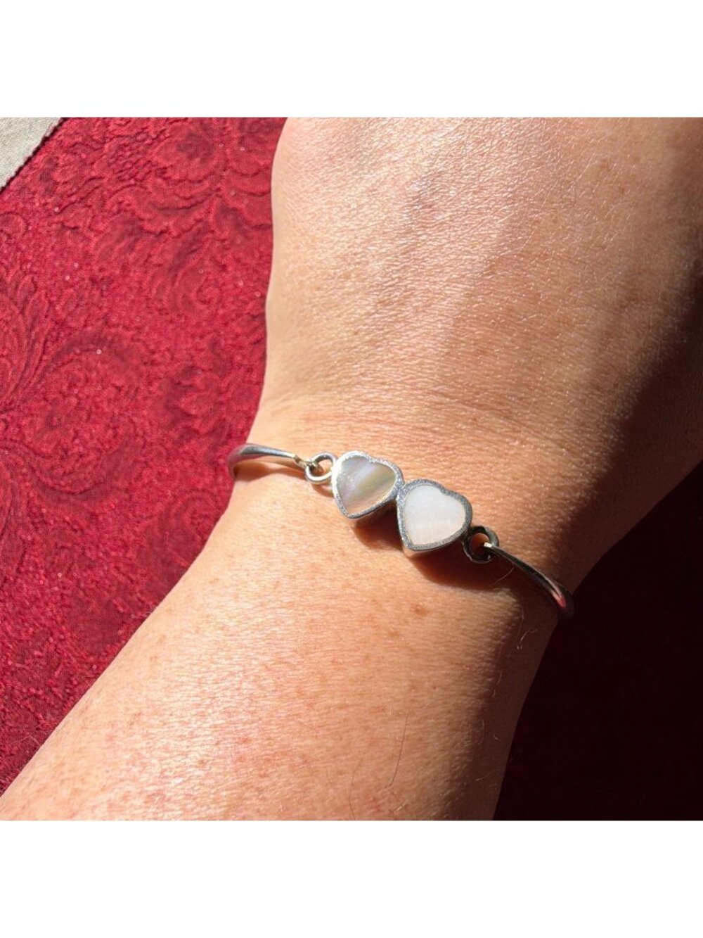 Vintage 925 Sterling Silver Mother of Pearl Double Heart Bangle Bracelet 10g